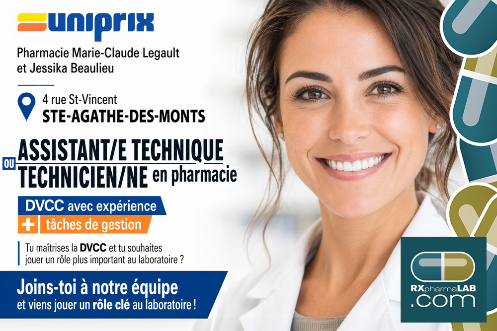 Assistant/e technique ou technicien/ne en pharmacie chez Pharmacie Marie-Claude Legault et Jessika Beaulieu à Sainte-Agathe-Des-Monts
