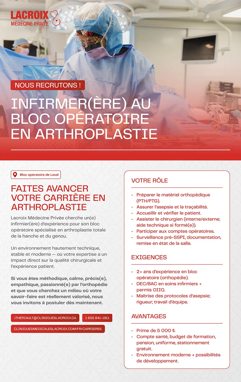 Infirmier(ère) - bloc opératoire en arthroplastie